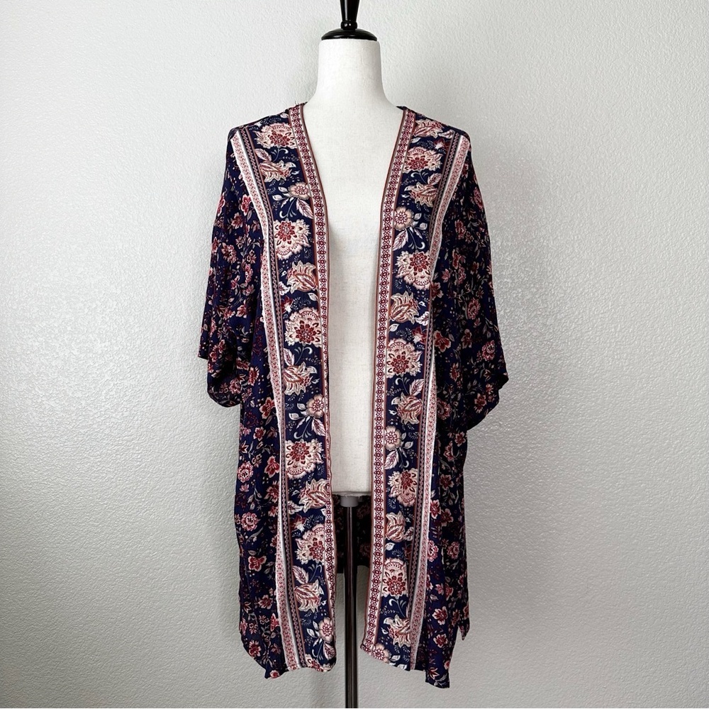 Ultra Flirt Boho Blue Red Floral Open Front Kimono Cardigan, Size XL